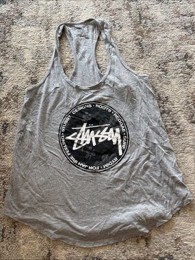 Stussy Gray Racerback Tank with Black & White Logo